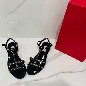 Valentino Rockstud Black Sandals with Gold Studs